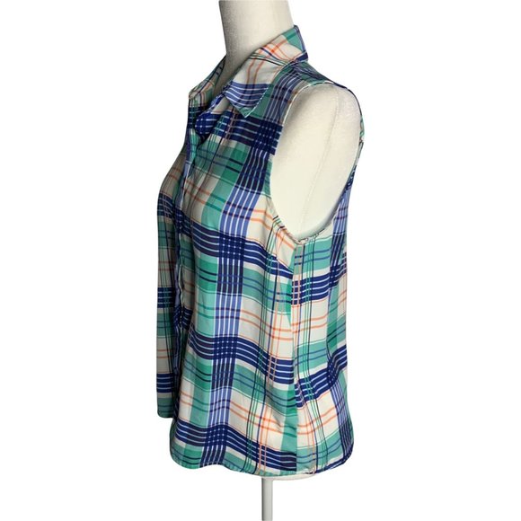 Forever 21 Sleeveless Button Up Shirt S White Blue Plaid Collar - Picture 3 of 6